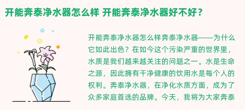 开能奔泰净水器怎么样 开能奔泰净水器好不好？